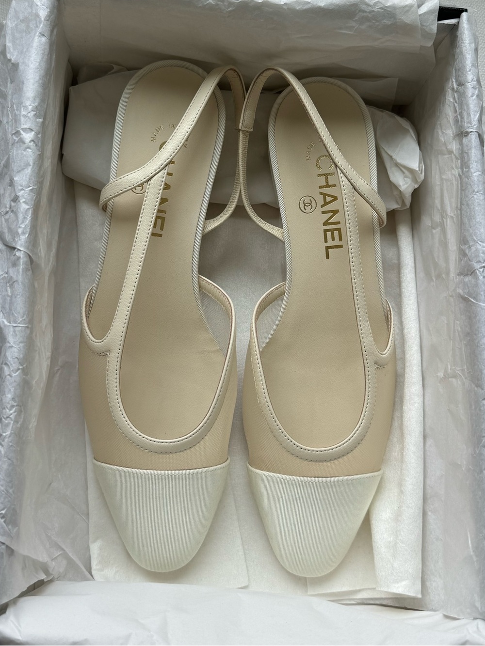 CHANEL white mesh slingabcks